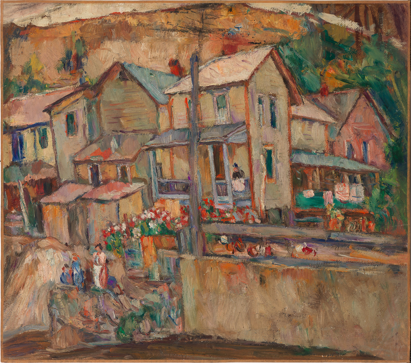 A row of homes with figures on a porch. The house within the focal point has a small flower garden in front of it.