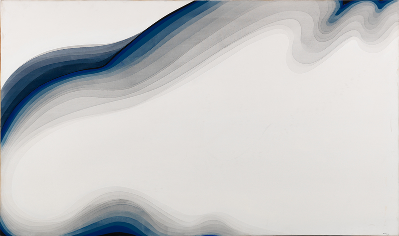Bold black and dark blue lines creating a wave pattern from the upper left and disappearing in the upper center before reappearing in the top right corner. The pattern also circles the left side and appears in the bottom left. Overlapping lines of increasingly lighter shades of grey move away from the darkest lines while also mirroring their shape.