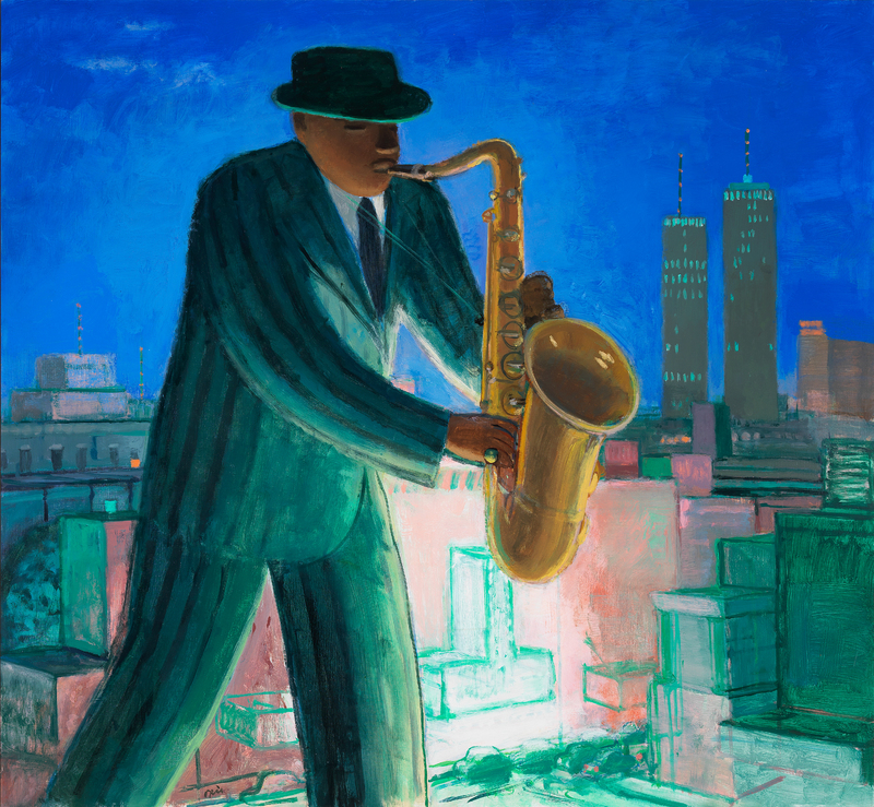 A man in a green striped suit and hat playing the saxophone on a rooftop in a city.