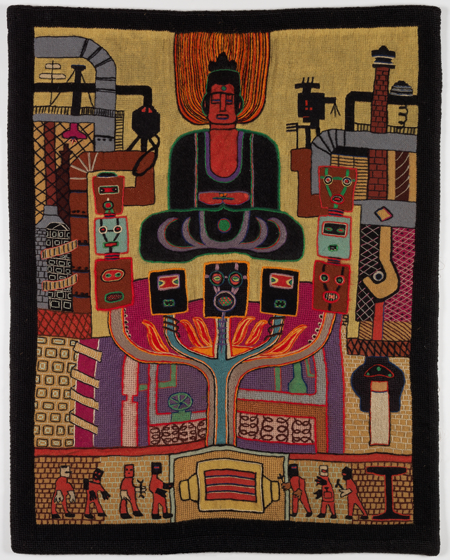 A textile consisting of industrial workers at the bottom, abstract industrial buildings in U-shape up left and right sides, and a large manifestation of Buddha flanked by a U-shaped series of abstract masks. 