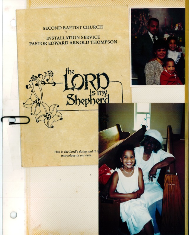 A page from John Robinson's photo album including a program from the Second Baptist Church and two additional photos
