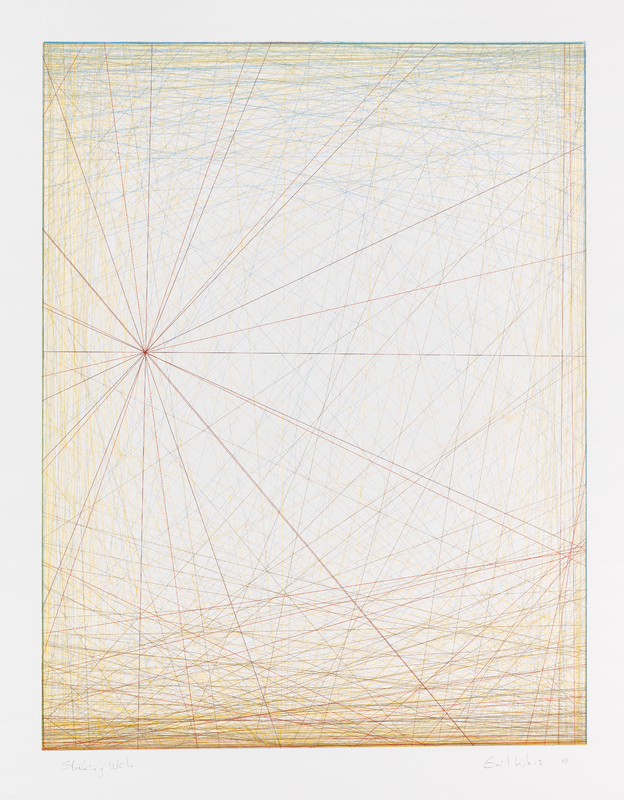 Thin lines in red and black radiating out of a point on the left side of the piece. Thin yellow and blue lines intersect in a seemingly random pattern. The concentration of the lines gets denser toward the outer edges. The background is white.