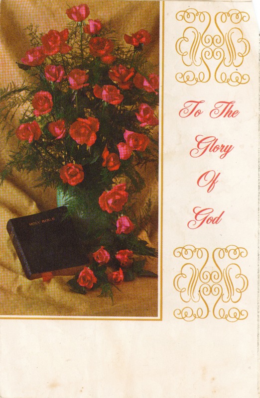 Program brochure with illustration of a Bible and a vase with roses.