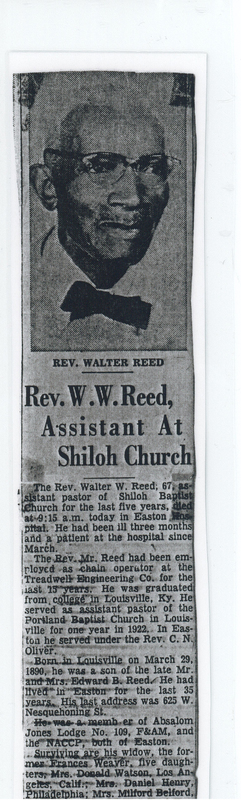 A newspaper clipping of an article about a reverend at Shiloh Church.