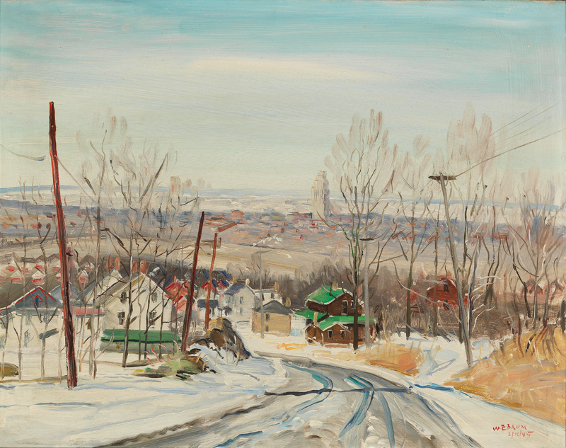 A rural scene of wintry road bordered by telephone poles and two brick houses. There are mountains and a city area in the distance.