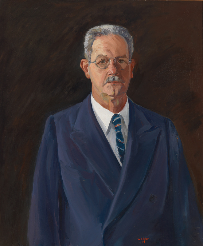 A painted portrait of an elderly mustachioed man wearing a blue suit with a striped tie and glasses.