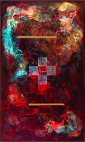 Four lightly colored squares that are positioned corner-to-corner in the shape of a cross. The inside square is transparent, revealing the background done in red and black layers and splatters. There is a horizontal beige line above and below the cluster of squares.  A streak of turquoise curves around the top left of the piece. 