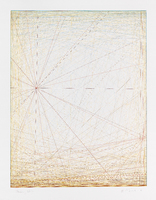 Thin lines in red and black radiating out of a point on the left side of the piece. Thin yellow and blue lines intersect in a seemingly random pattern. The concentration of the lines gets denser toward the outer edges. The background is white.