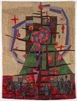 Many steel workers in protective gear standing at the bottom of this abstracted textile piece. They look at the center of the artwork, which features a female figure made of steel, who is surrounded by metal rods and dots of light radiating out from the middle of the piece.