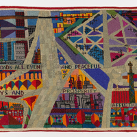 A textile consisting of an abstract cityscape in bright multicolor intersected by highways bearing inscriptions.