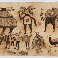 A collection of abstract figures. In clockwise order beginning in the upper left, the tapestry features a rotund robed figure with a mask that has the jaws of a crocodile and two long horns; a masked figure with six horns or hair spikes and a pouch around their neck; another figure with a mask that consists of two concentric circles, the inner of which is filled with dots, and the outer of which has radiating lines; a standing bird that has a white breast and black wings; a flying bird that has striped wings, and a polka-dotted breast; two four-legged creatures that seem to be held on leashes by a small human; two small fish. 