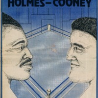 Illustration of two men's faces and a boxer ring.
