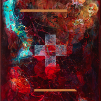 Four lightly colored squares that are positioned corner-to-corner in the shape of a cross. The inside square is transparent, revealing the background done in red and black layers and splatters. There is a horizontal beige line above and below the cluster of squares.  A streak of turquoise curves around the top left of the piece. 