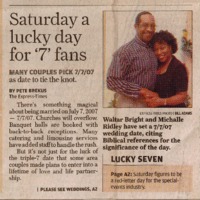 Newspaper clipping featuring image of an engaged man and woman embracing