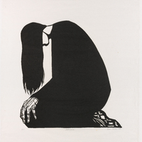 A figure sitting on their knees, head bent over and long hair covering the face. Their hair hangs to their hands which are placed on their knees.