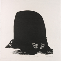A figure on their knees bent over with hands cupping their head on the ground, their fingers show through their long hair.